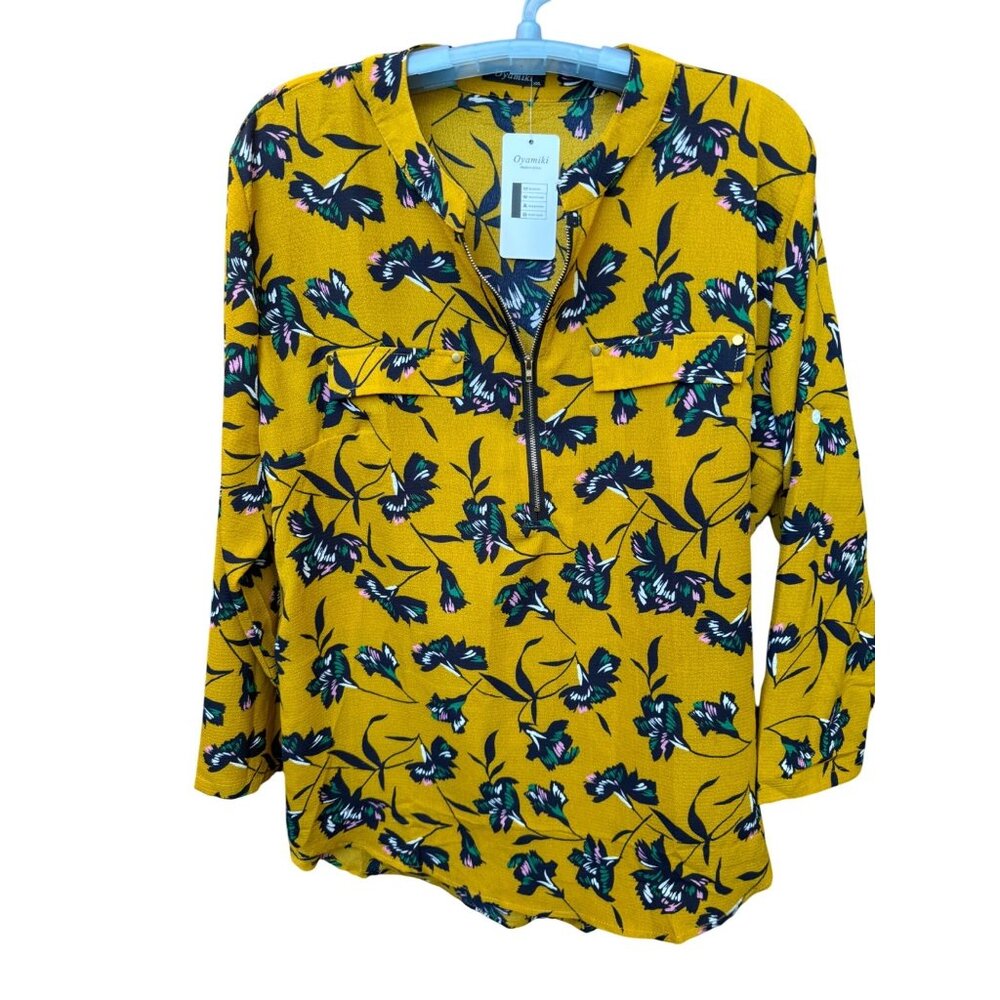 New Oyamiky Womens Floral Zip-Up Long Sleeve Blouse.Size XXL